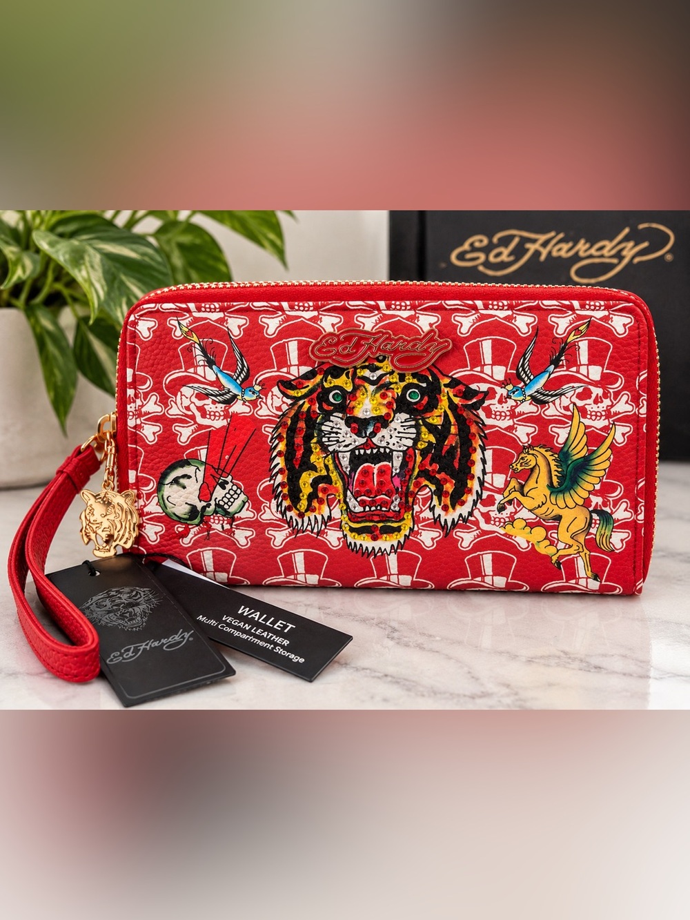 NWT Ed Hardy Red Rhinestone Tiger Zip Around Wristlet Wallet Y2K